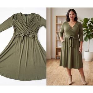 Amzplus Olive Green Faux Wrap Midi Dress XXL Long Sleeve Skater